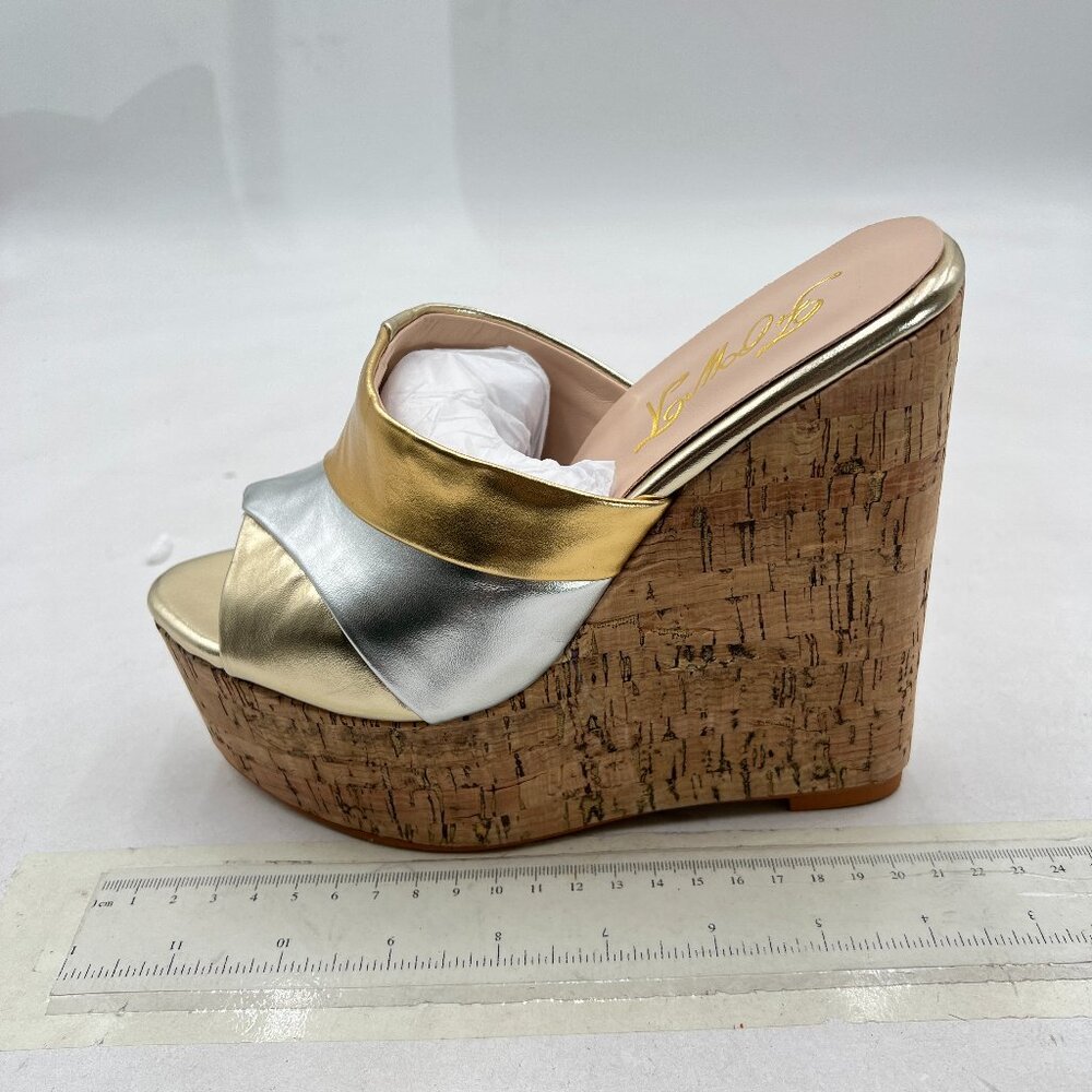 FOWT Gold High Wedges Heel Slide Sandals Open Toe Platform Slippers Mules